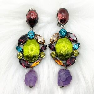 Rare Vintage Oversized Philippe Ferrandis Paris Crystal Clip-On Earrings 3”